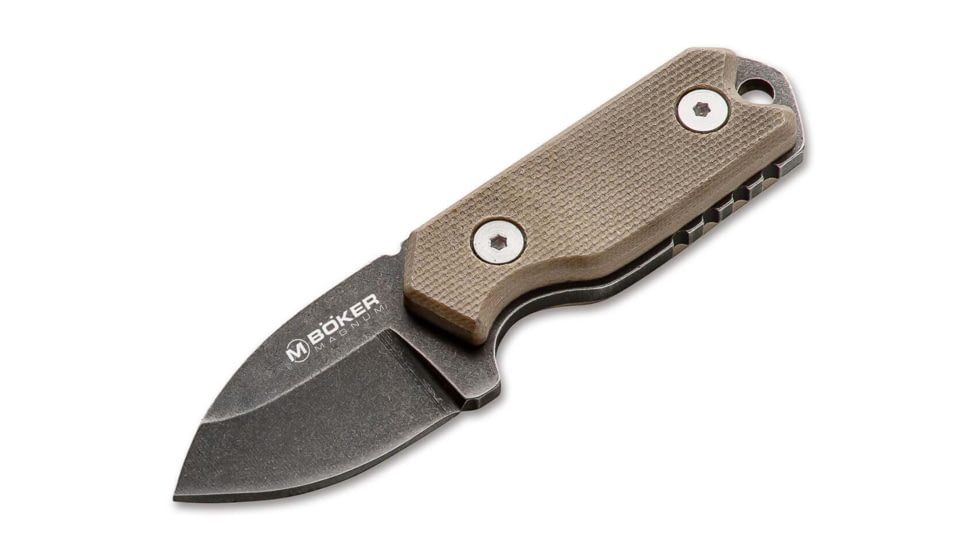 Boker Magnum Lil Friend Micro Fixed Blade Knife, 3.38in Overall, 1.38in, 440A, Black Stonewash Drop Point Blade, Tan G10 Handle, Kydex Sheath, 02SC743