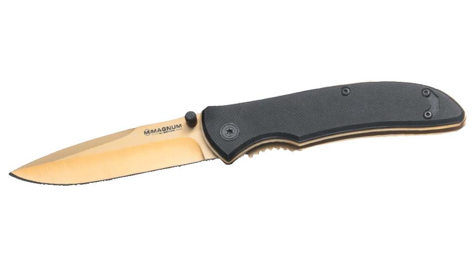 Boker Magnum Black Gold Spring Assist Open Folding Knife,3.375in Matte Gold Coated Stainless Steel Blade,Black G10 Handle 01RY111