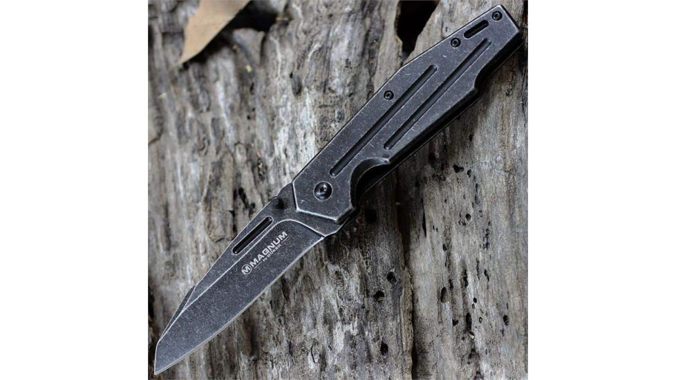 Boker Magnum Real Steel Spring Assisted Opening Folding Knife,3.5in Stainless Steel Blade,Matte Black Stonewash Handle 01RY214