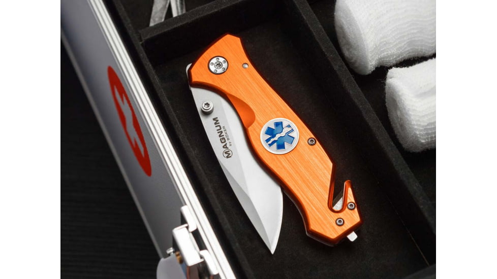 Boker Magnum Medic Rescue Folding Knife, 4.75in Closed, 3.35in, 440 SS, Matte Blade, Orange Aluminum Handle, 01MB364