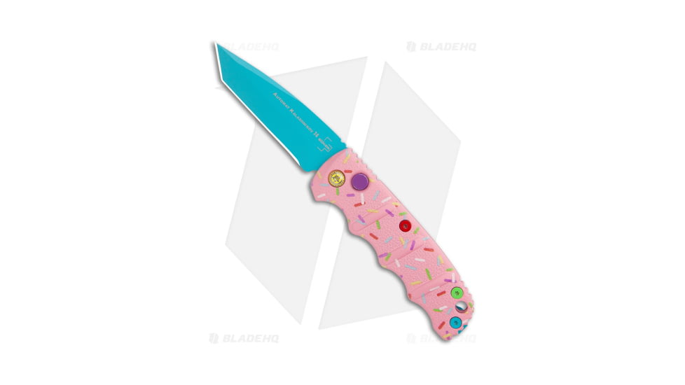 Boker Mini Dessert Warrior Kalashnikov Automatic Folding Knife, 2.50in, D2, Tanto Blade, Aluminum Pink Handle, Blue/Pink, 5.75in, BHQ-184957