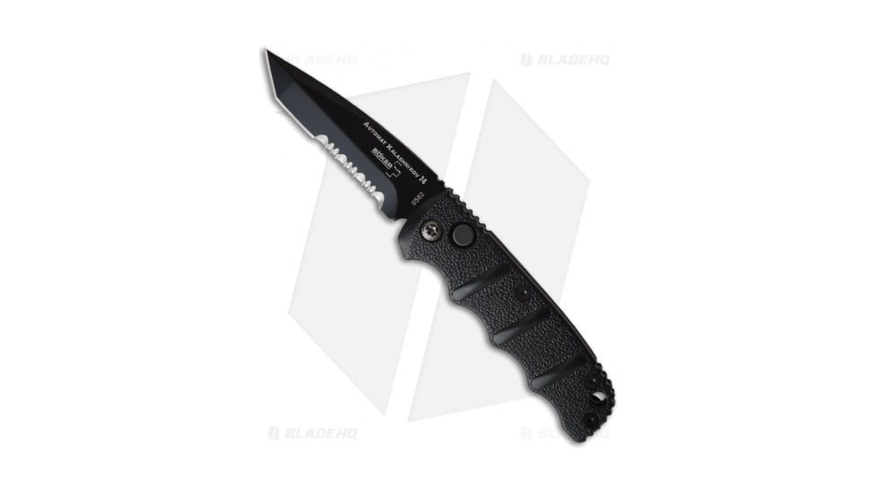 Boker Mini Kalashnikov Automatic Folding Knife, 2.50in, D2, Tanto Blade, Aluminum Black Handle, D2 Serr, Black/Black, 5.75in, BHQ-10760