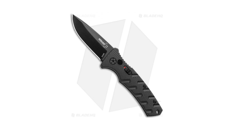 Boker Mini Strike Automatic Folding Knife, 2.625in, D2, Drop Point Blade, Aluminum Black Handle, Black/Black, 6.375in, BHQ-99629