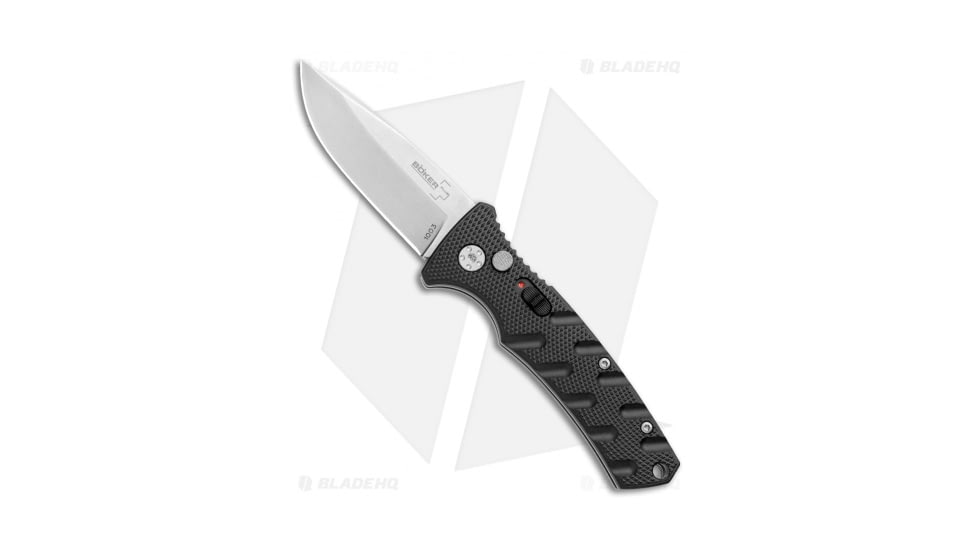 Boker Mini Strike Automatic Folding Knife, 2.625in, D2, Drop Point Blade, Aluminum Black Handle, Steel/Black, 6.375in, BHQ-99628