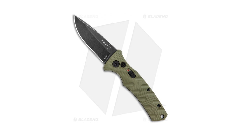 Boker Mini Strike Automatic Folding Knife, 2.625in, D2, Drop Point Blade, Aluminum OD Green Handle, Black/OD Green, 6.375in, BHQ-99630