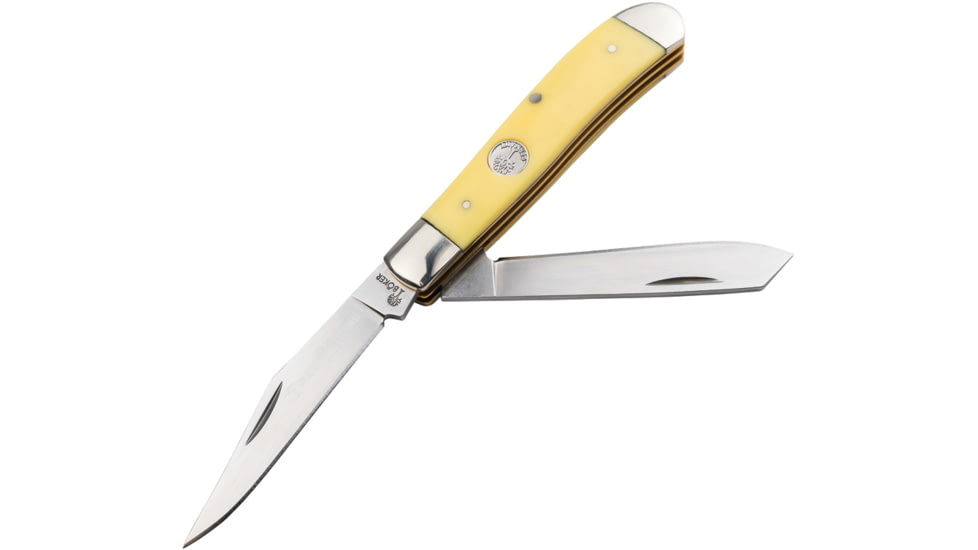 Boker Mini Trapper Yellow Delrin Folding Knife, 3.5in Closed, Satin D2 Tool Steel Clip/Spey Blades, Yellow Synthetic Handle, 110850