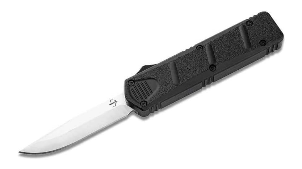 Boker Plus Mini Kalashnikov Automatic Folding Knife, 2.68in, D2, Drop Point Blade, Black Aluminum Handle, 06EX358