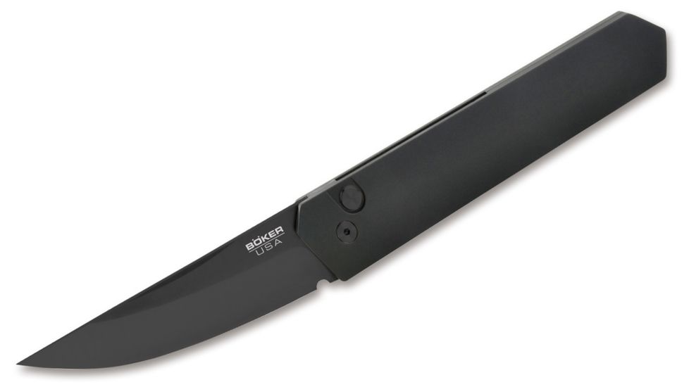 Boker Plus BP Kwaiken Compact Automatic Folding Knives, Lucas Burnley, 3.1in, 154CM, Skinner, Aluminum, DLC Coating, Black, 01BO255