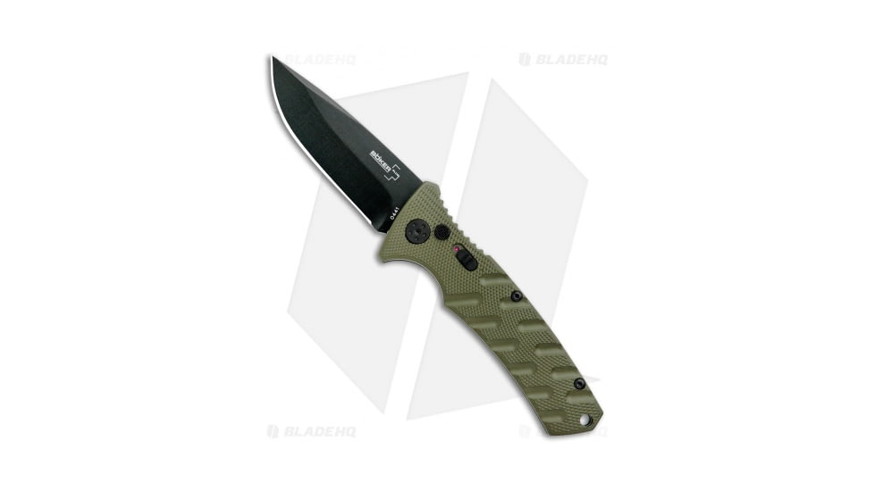 Boker Plus Strike Automatic Folding Knife, 3.25in, D2, Drop Point Blade, Aluminum OD Green Handle, Black/OD Green, 7.875in, BHQ-97033