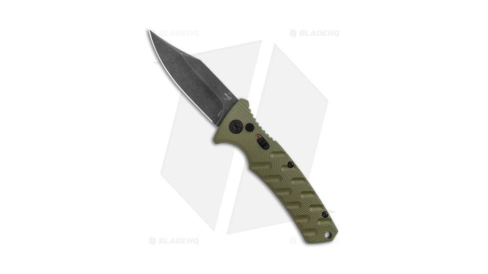 Boker Plus Strike Bowie Automatic Folding Knife, 3.25in, D2, Clip Point Blade, Aluminum OD Green Handle, Black/OD Green, 7.875in, BHQ-125301