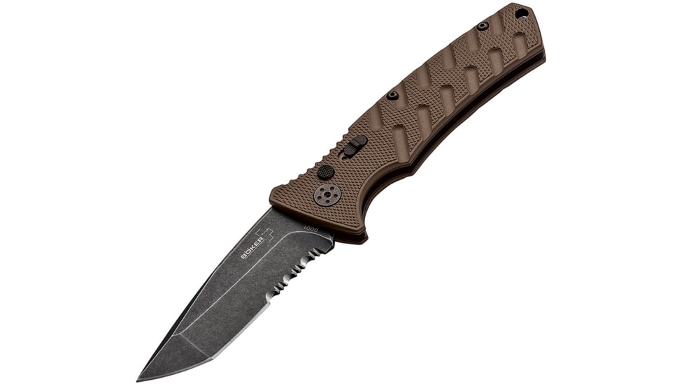 Boker Plus Strike Button Lock Coyote Folding Knife, 3.25in Black Stonewash Partially Serrated Aus-8 SS Tanto Blade, Coyote Brown Textured Aluminum Handle, Pocket Clip, Coyote brown, 01BO425N