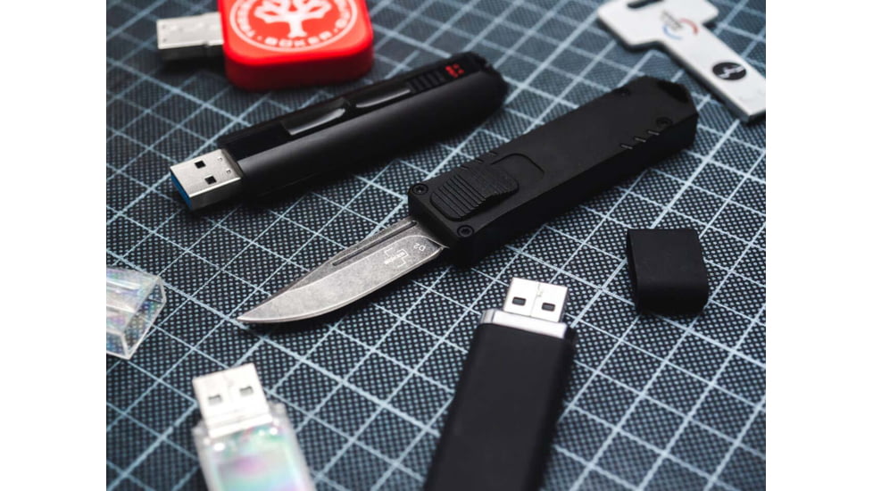 Boker Plus USB OTF Automatic Folding Knife, 1.77in, D2, Aluminum Black Handle, 06EX270