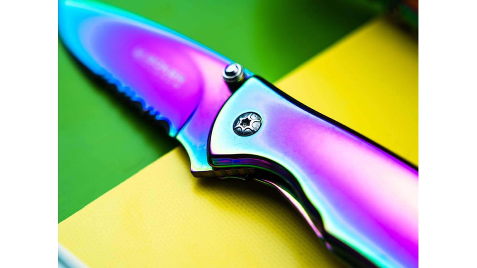 Boker Magnum Rainbow II Folding Knife, 4in Closed, 3in, 440A, Spectrum Partially Serrated Blade, Spectrum Stainless Steel Handle, 01YA107