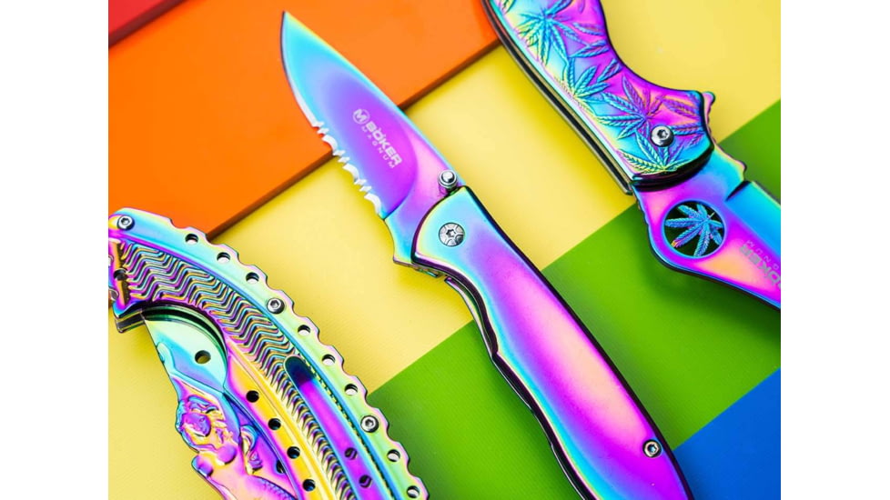 Boker Magnum Rainbow II Folding Knife, 4in Closed, 3in, 440A, Spectrum Partially Serrated Blade, Spectrum Stainless Steel Handle, 01YA107