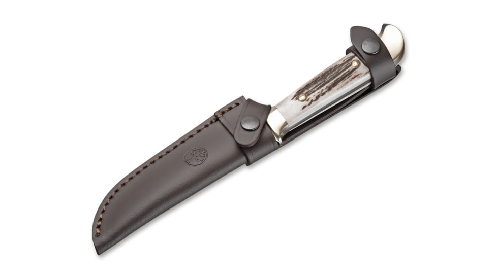 Boker RangerS Nicker Stag Fixed Blade Knife, 4.3in, N690, Nickel Silver, Uncoated, Brown, 120517
