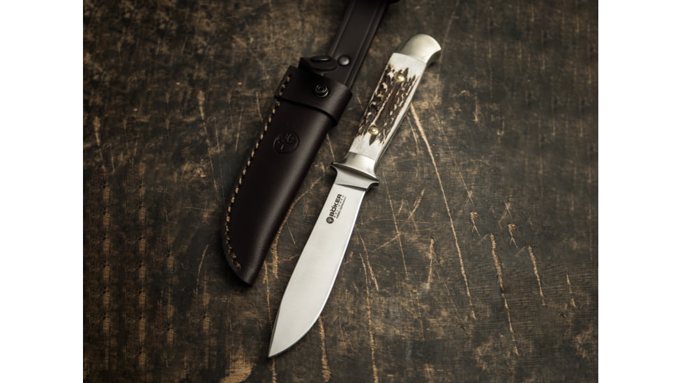 Boker RangerS Nicker Stag Fixed Blade Knife, 4.3in, N690, Nickel Silver, Uncoated, Brown, 120517