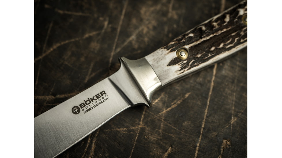 Boker RangerS Nicker Stag Fixed Blade Knife, 4.3in, N690, Nickel Silver, Uncoated, Brown, 120517