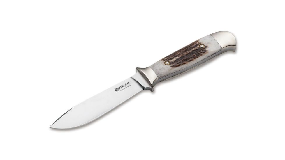 Boker RangerS Nicker Stag Fixed Blade Knife, 4.3in, N690, Nickel Silver, Uncoated, Brown, 120517