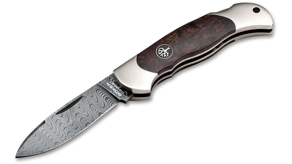 Boker Solingen Junior Scout Folding Knife, 2.76in, Damascus, Curly Birch Wood, Nickel Silver Brown Handle, 111920DAM