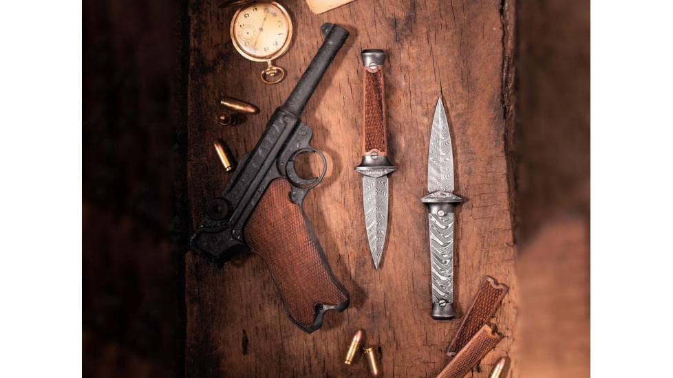 Boker Solingen P08 Fixed Blade Knife, 3.23 in, Damascus, Dagger, Rosewood, Rosewood, 121515DAM