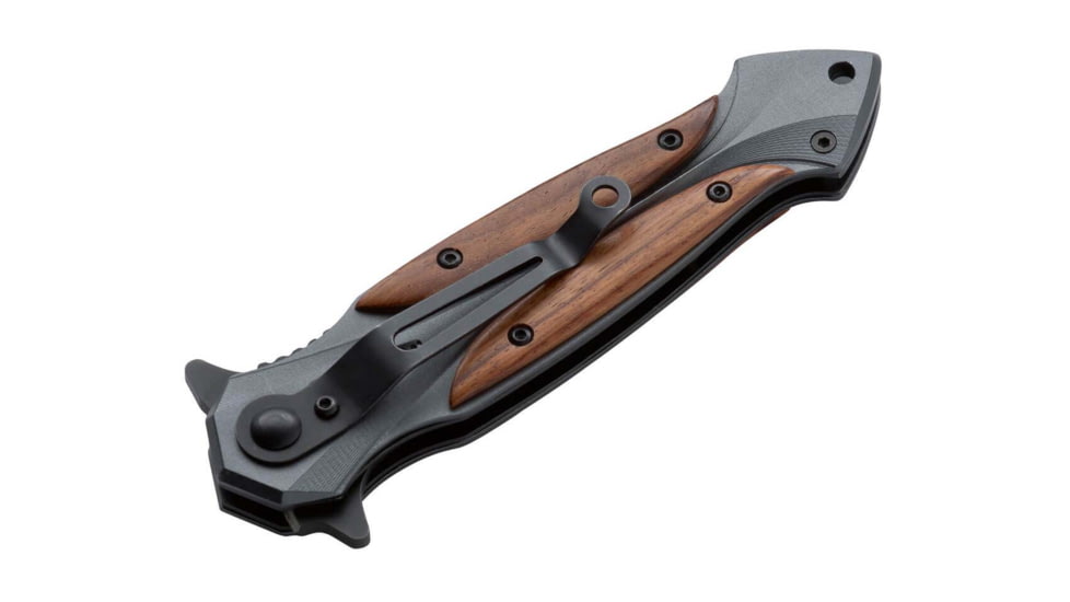 Boker Magnum Starfighter XL Folding Knife, 5in Closed, 3.75in, 440A, Black Blade, Gray Stainless Steel Handle w/ Cocobolo Wood Onlay, 06RY069