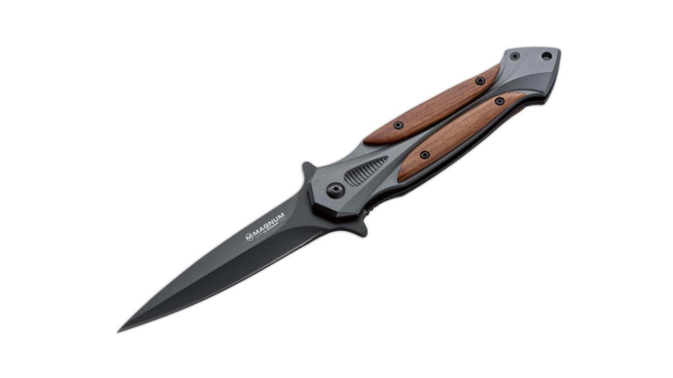 Boker Magnum Starfighter XL Folding Knife, 5in Closed, 3.75in, 440A, Black Blade, Gray Stainless Steel Handle w/ Cocobolo Wood Onlay, 06RY069