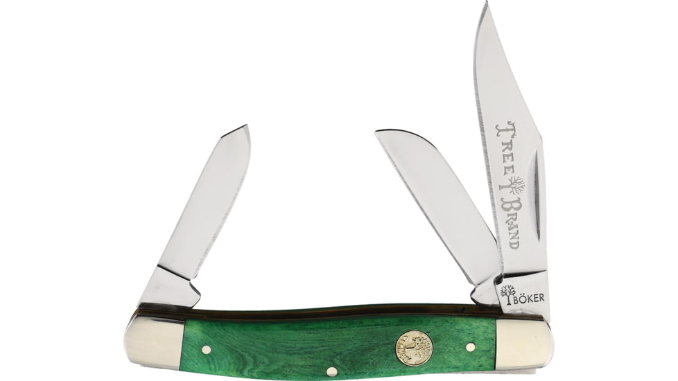 Boker Stockman Lime Green Folding Knife, 4in Closed, Mirror Stainless Clip/Sheepsfoot/Spey Blades, Green Smooth Bone Handle, BK110711