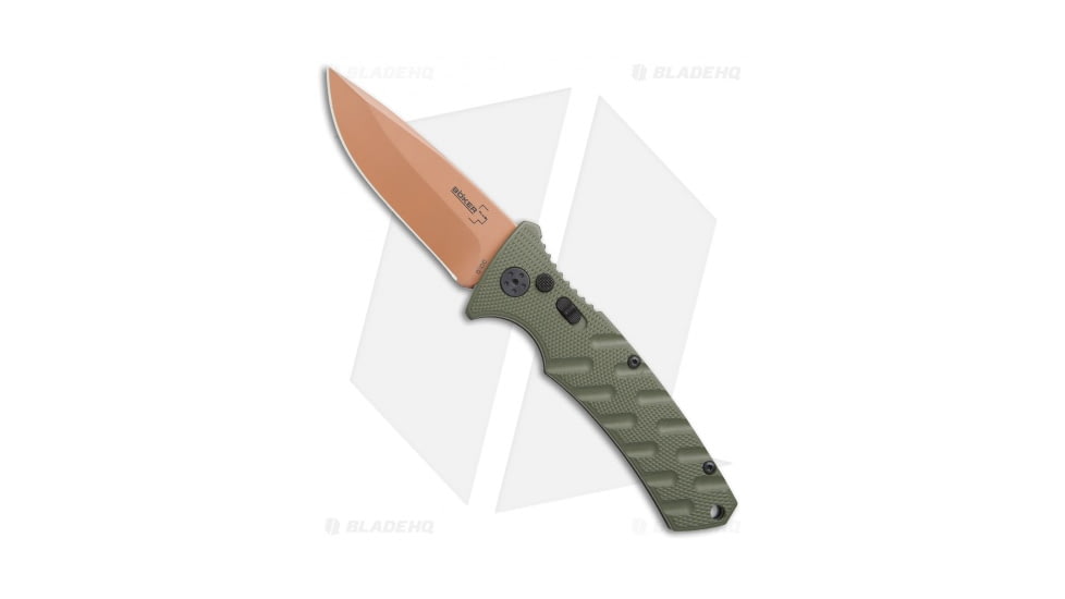 Boker Strike Desert Warrior Automatic Folding Knife, 3.25in, D2, Drop Point Blade, Aluminum OD Green Handle, Copper/OD Green, 7.875in, BHQ-70998