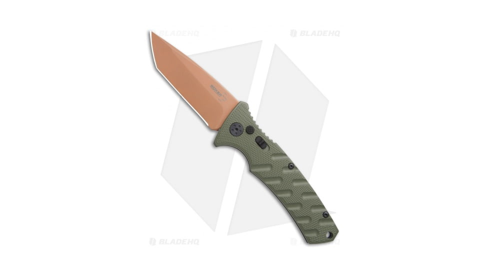 Boker Strike Tanto Desert Warrior Automatic Folding Knife, 3.25in, D2, Tanto Blade, Aluminum OD Green Handle, Copper/OD Green, 7.875in, BHQ-68520