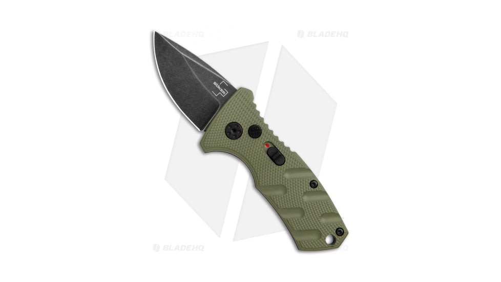 Boker Stubby Strike CA Legal Automatic Folding Knife, 1.875in, D2, Drop Point Blade, Aluminum OD Green Handle, Black/OD Green, 5.325in, BHQ-99648