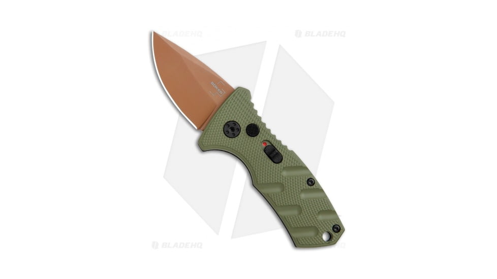 Boker Stubby Strike Desert Warrior CA Legal Automatic Folding Knife, 1.875in, D2, Drop Point Blade, Aluminum OD Green Handle, Copper/OD Green, 5.325in, BHQ-99649