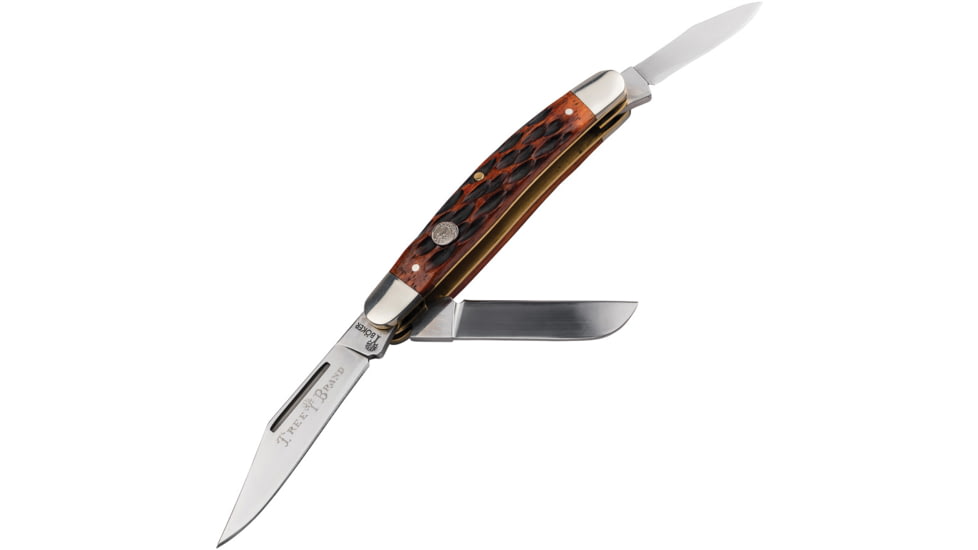 Boker Traditional Series 2.0 Medium Stockman Folding Knife, 3.38in Closed, D2 Steel, Clip Point/Sheepsfoot/Pen Blades, Jigged Brown Bone Handle, Boxed, 110852