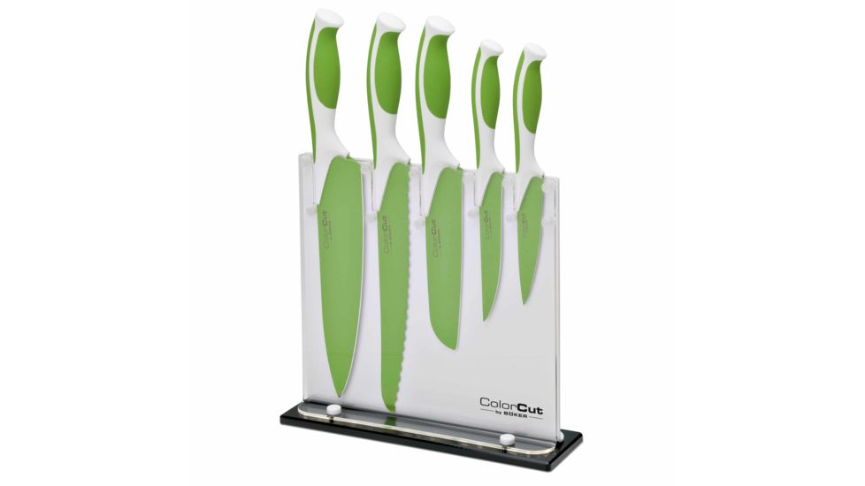 Boker USA 5pc Colorcut Knife Set w/Block,CrMoV Steel Blade,Apple Green Handle,Santoku,Chef,Bread,Utility,Vegetable 03CT221