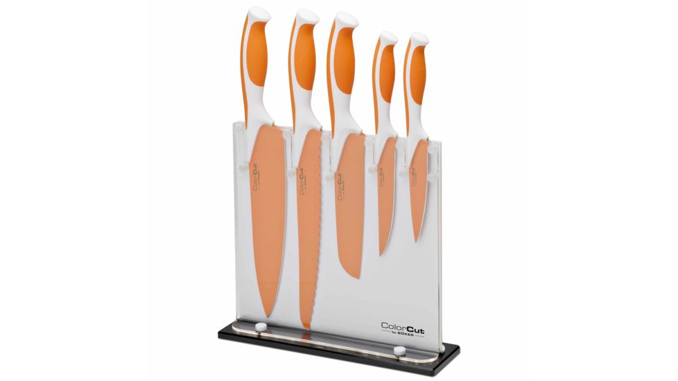 Boker USA 5pc Colorcut Knife Set w/Block,CrMoV Steel Blade,Apricot Orange Handle,Santoku,Chef,Bread,Utility,Vegetable 03CT321
