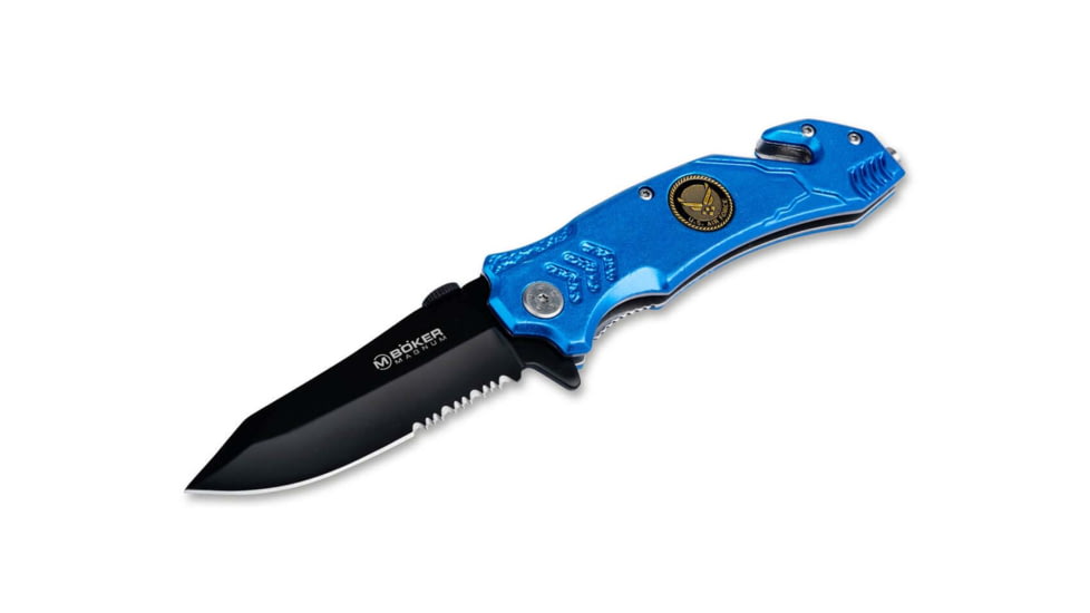 Boker USA Magnum Rescue Air Force Folding Knife, 4.5in Closed, 3.38in, 440 SS, Black Partially Serrated Blade, Blue Aluminum Handle, 01LL473N
