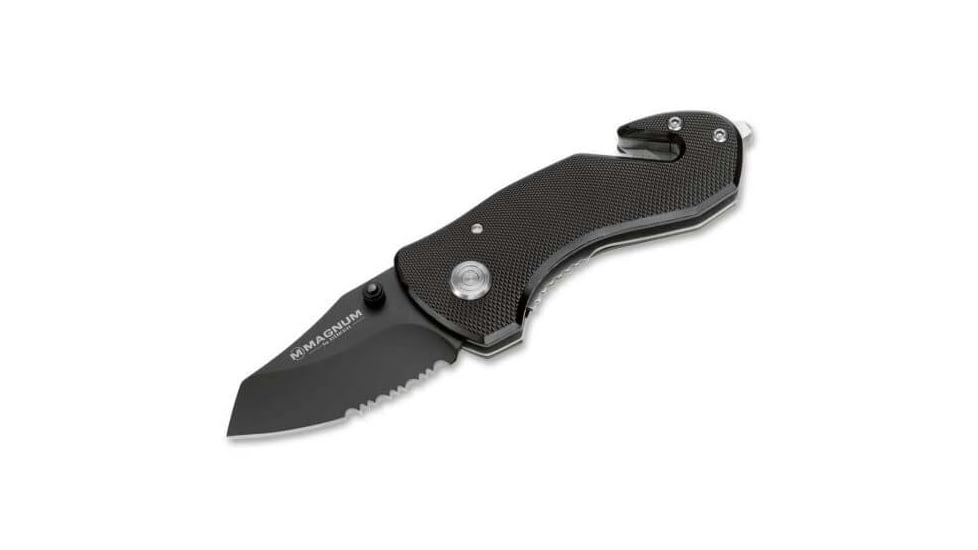 Boker Magnum Compact Rescue Folding Knife, 1.88 in, 440A Stainless Steel, Partially Serrated Blade, Textured Aluminum, Black Handle, 3.5 in Closed, 01MB456