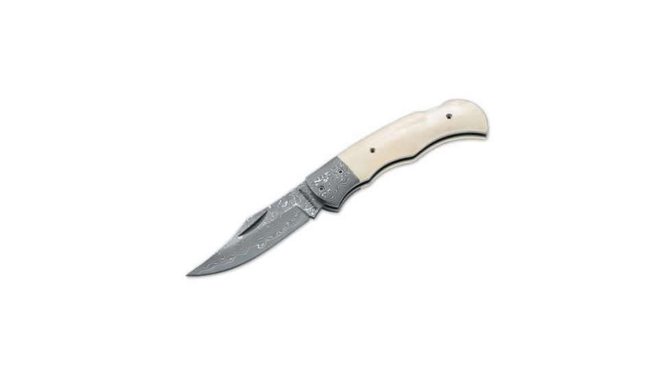 Boker Magnum Damascus Bone Folding Knife, 3.07 in, Damascus Steel, Clip Point Blade, Bone White Handle, 01MB180DAM