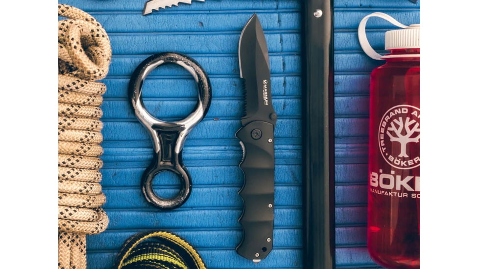 Boker USA Magnum Stealth Tactical Folding Knife, 5.13in Closed, 3.75in, 440 SS, Black Partially Serrated Modified Spear Point Blade, Black Aluminum Handle, 01RY247