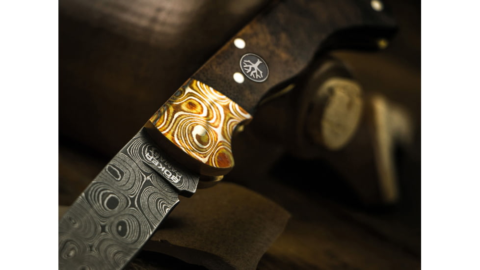 Boker USA Mokume Damascus Walnut Knife, Brown, Small, 110166DAM