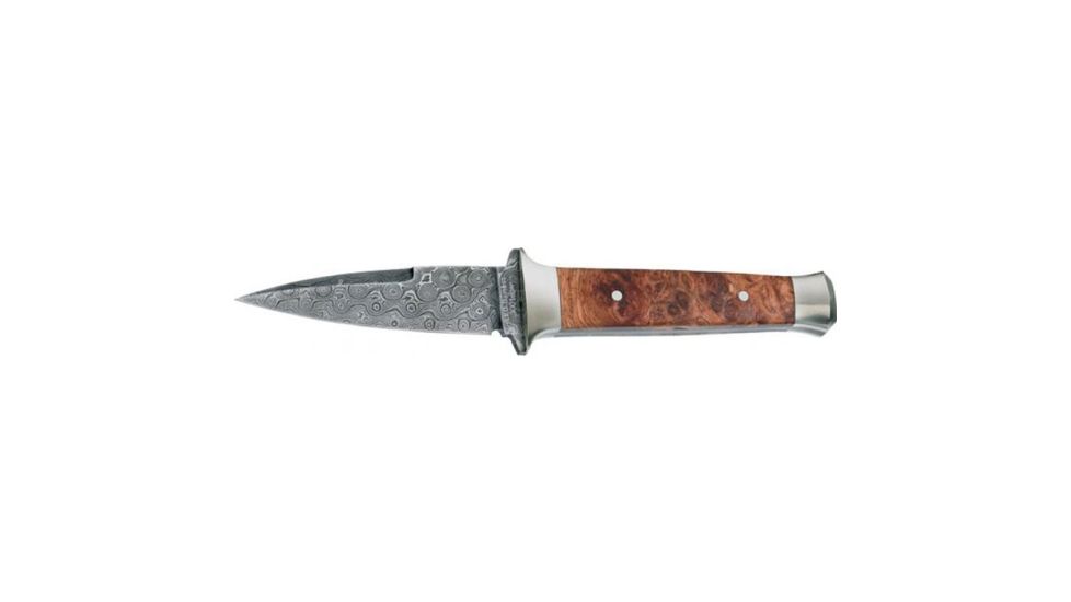 Boker USA Solingen Leopard Damascus Boot Knive, Damascus 3 1/4in Blade, Amboina Burl Wood Handle, 120515DAM
