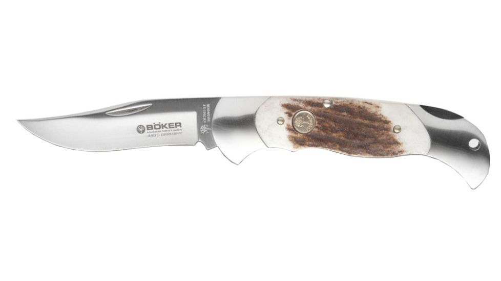 Boker Stag Lock Blade Folding Knife, 3.1in, N690, Clip Point Blade, Stag, Silver Handle, 112004ST