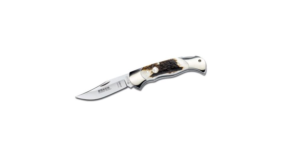 Boker Stag Lock Blade Folding Knife, 3.1in, N690, Clip Point Blade, Stag, Silver Handle, 112004ST