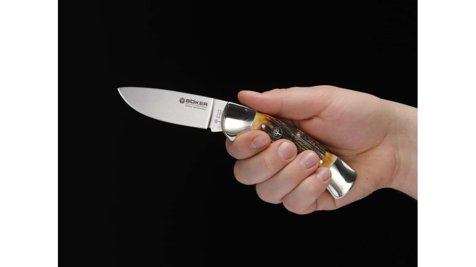 Boker USA Stag Lock Blade W/Sheath Knife, Brown, Small, 114000