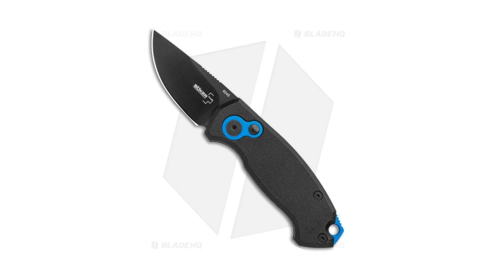 Boker Vox Kompakt CA Legal Automatic Folding Knife, 1.875in, D2, Drop Point Blade, Aluminum Black/Blue Handle, Black/Black/Blue, 5.25in, BHQ-95711