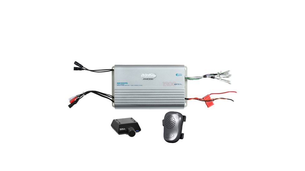 Boss Audio Marine 4 Channel Mosfet 1200W Amplifier w/ Built in PA System and Microphone, Black/Grey MR1200PA