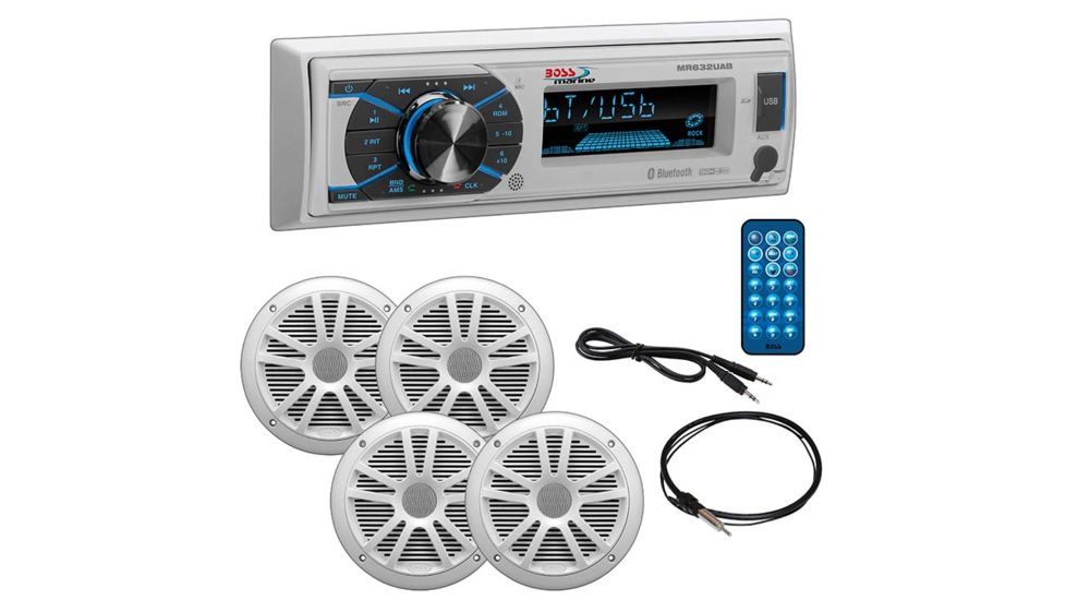 Boss Audio Marine Single Din Media Receiver with Bluetooth and 2 Pair of 6.5in Speakers, Antenna and Aux, White MCK632WB64