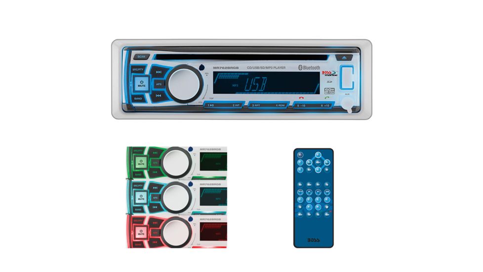 Boss Audio Single din Marine Bluetooth/MP3/CD/CDRwith AM/FM Receiver with Front Aux Input and Wireless Remote, White MR762BRBG