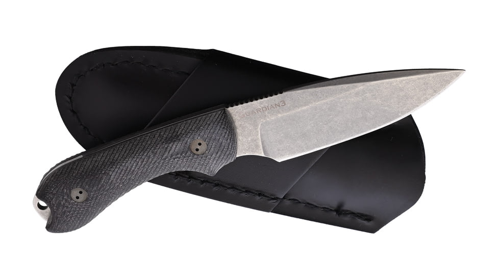 Bradford Knives Guardian 3 Fixed Blade Knife, 6.75in Overall, 3.5in Stonewash AEB-L Stainless Steel Blade, Black Canvas Micarta Handle, Black Leather Belt Sheath, 3FE-201-AEBL