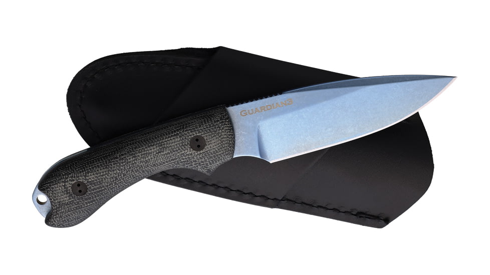 Bradford Knives Guardian 3 Fixed Blade Knife, 6.75in Overall, 3.5in Blue PVD Coated AEB-L Stainless Steel Blade, Black Micarta Handle, Black Leather Belt Sheath, 3FE-101P-AEBL