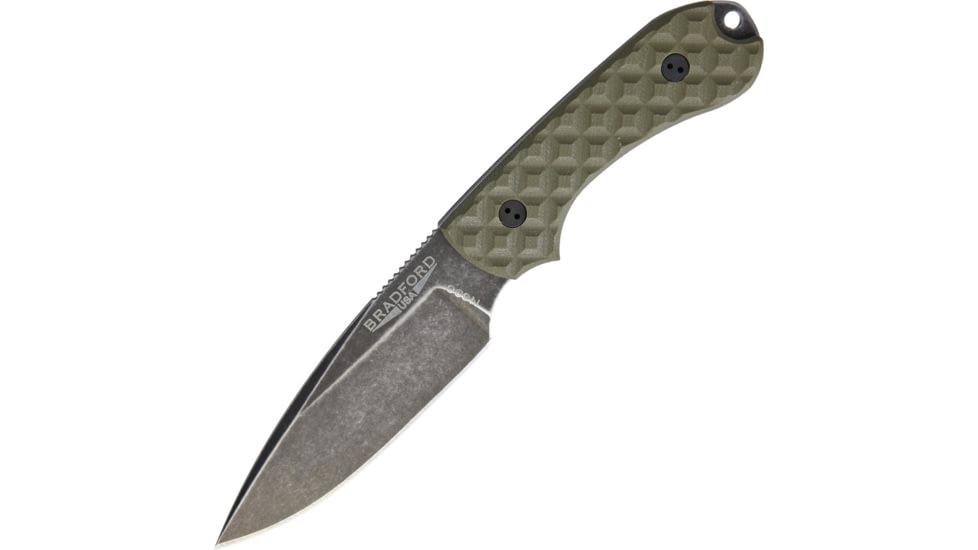 Bradford Knives Guardian 3 Nimbus OD Green Fixed Blade Knife, 6.75in Overall, 3.5in Nimbus Finish N690 SS Drop Point, OD Green Sculpted G10 Handle, Brown Leather Belt Sheath, OD green, 3FE-002N-N690